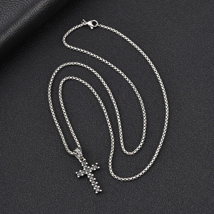 Kemstone Stainless Steel Black Cubic Zirconia Cross Pendant Necklace for Men Punk Streetwear PN-2397