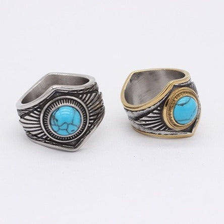 Kemston Turquoise Ring for Men Titanium Steel Feather Texture Vintage Stone R1530