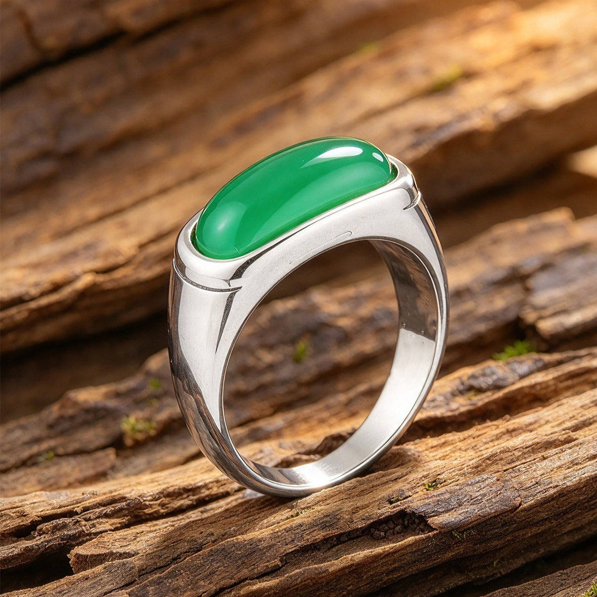 Kemstone Green Stone Ring for Men Stainless Steel Elongated Face MJ0167