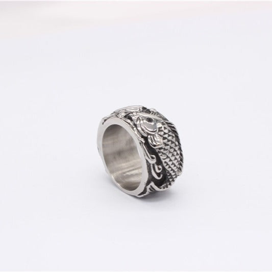 Kemston Titanium Steel Double Koi Fish Ring for Men Vintage R1375