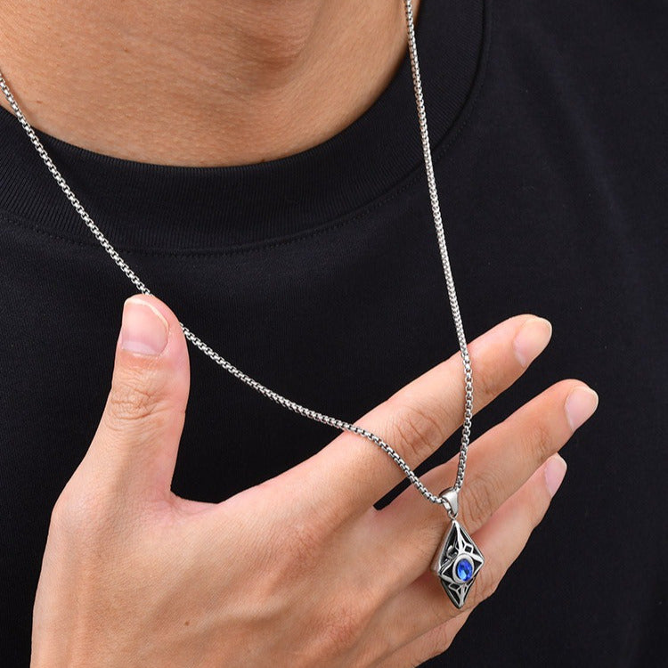 Kemstone Blue Cubic Zirconia Geometric Pendant Necklace for Men Stainless Steel PN-2454