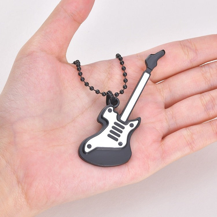 Kemston Black & White Guitar Necklace for Men Alloy Pendant Stainless Steel Chain NC-3027