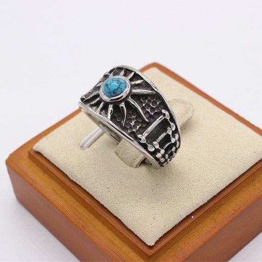 Kemstone Turquoise Ring for Men Titanium Steel Wide Band Textured Vintage R1496