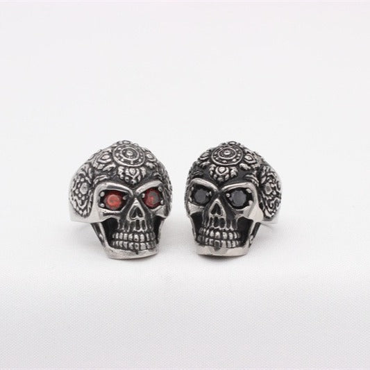 Kemstone Titanium Steel Skull Ring with Cubic Zirconia Eyes – Gothic Carved Design R1780
