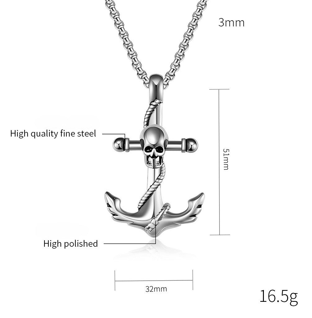 Kemstone Stainless Steel Anchor Skull Pendant Necklace for Men Nautical Gothic K-PT424