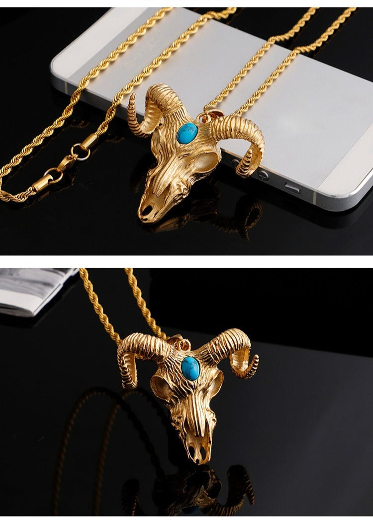 Kemstone Titanium Steel Ram Skull Pendant Necklace for Men – Vintage Horned Symbol KP79917-K