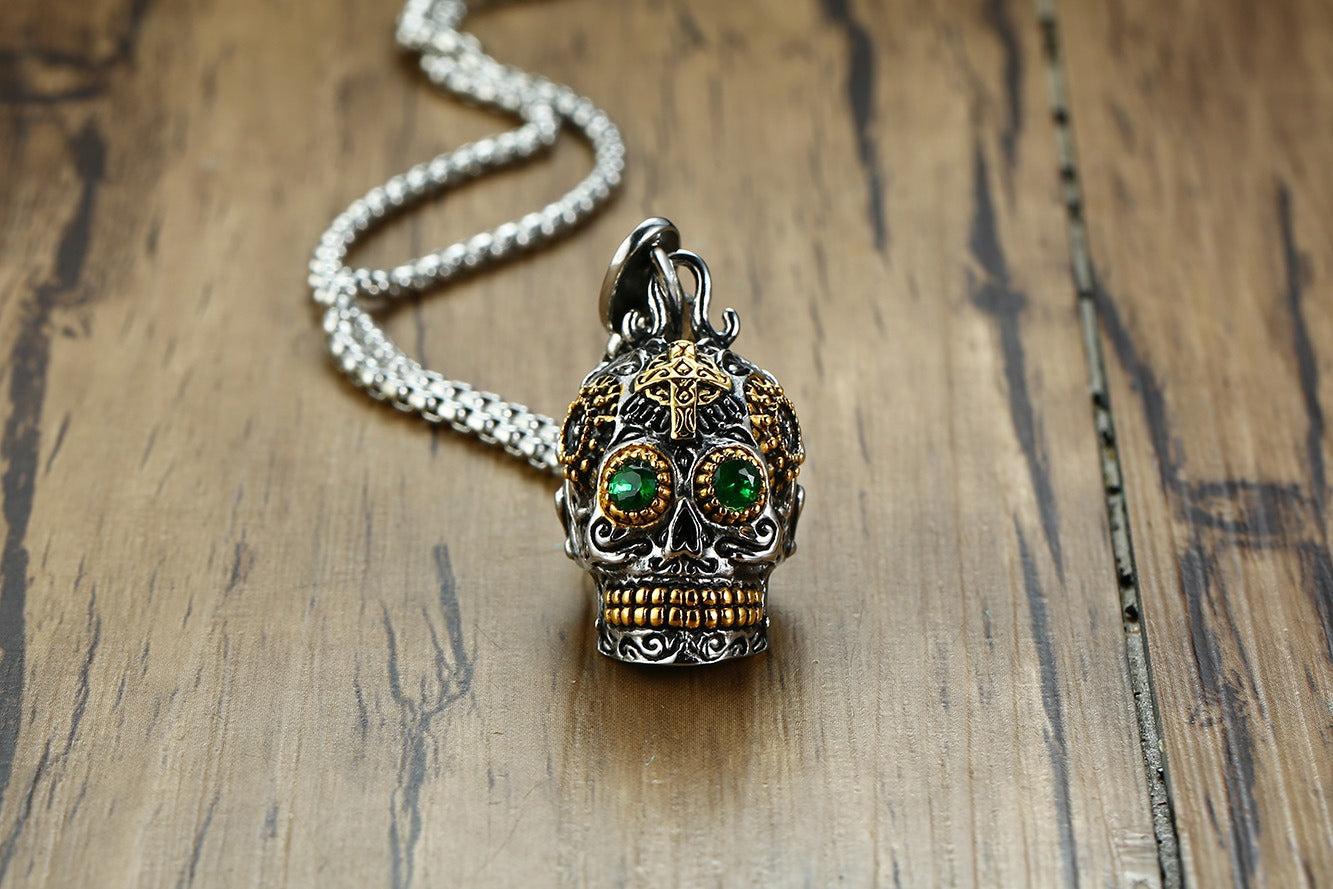 Kemstone Stainless Steel Skull Pendant Necklace for Men with Green Crystal Eyes Punk Style PN-1158