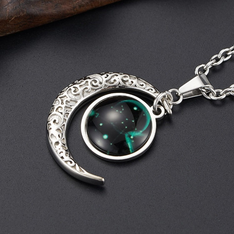Kemstone Zodiac Sign Necklace for Men & Women Stainless Steel Crescent Moon Pendant Constellation Jewelry K-PT181