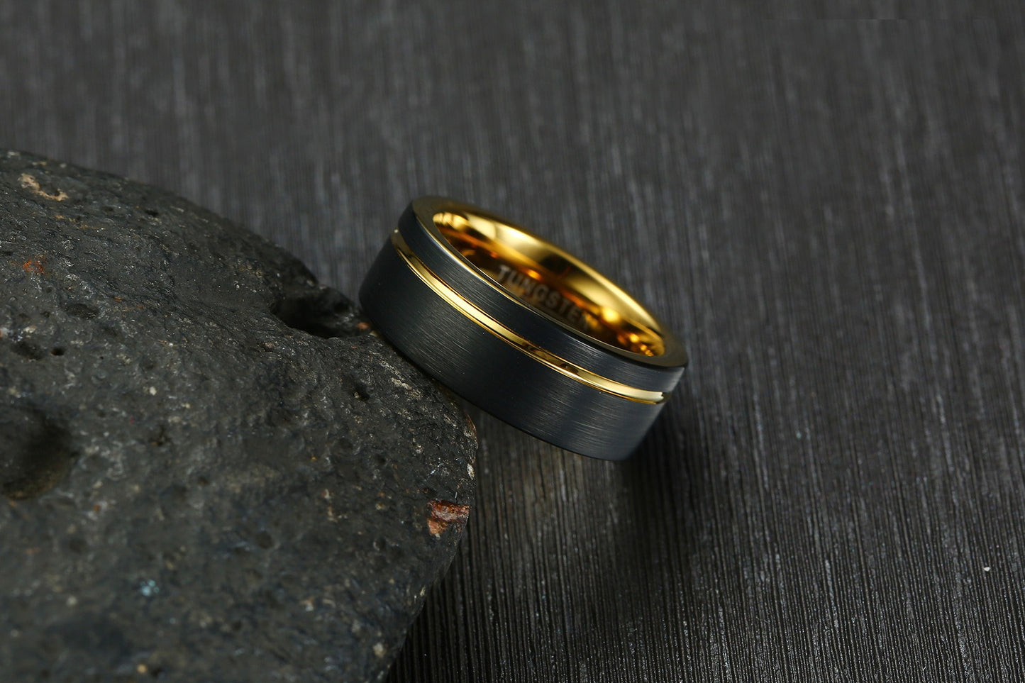 Kemstone 8mm Brushed Tungsten Ring – Black & Gold Groove Design for Men TCR-049