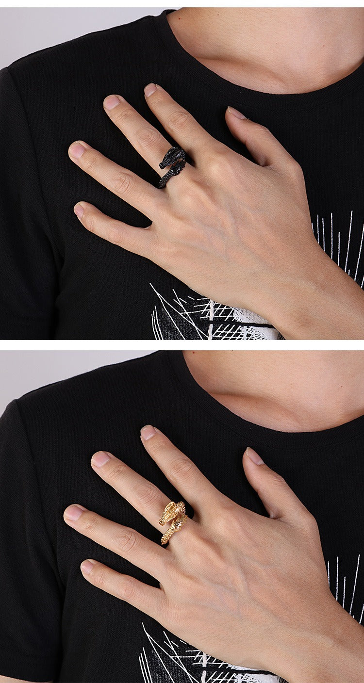 Kemstone Stainless Steel Bold Dragon Head Ring - Adjustable Open-End Ring for Men, Ethnic Retro Jewelry for Everyday Wear KR53285-K