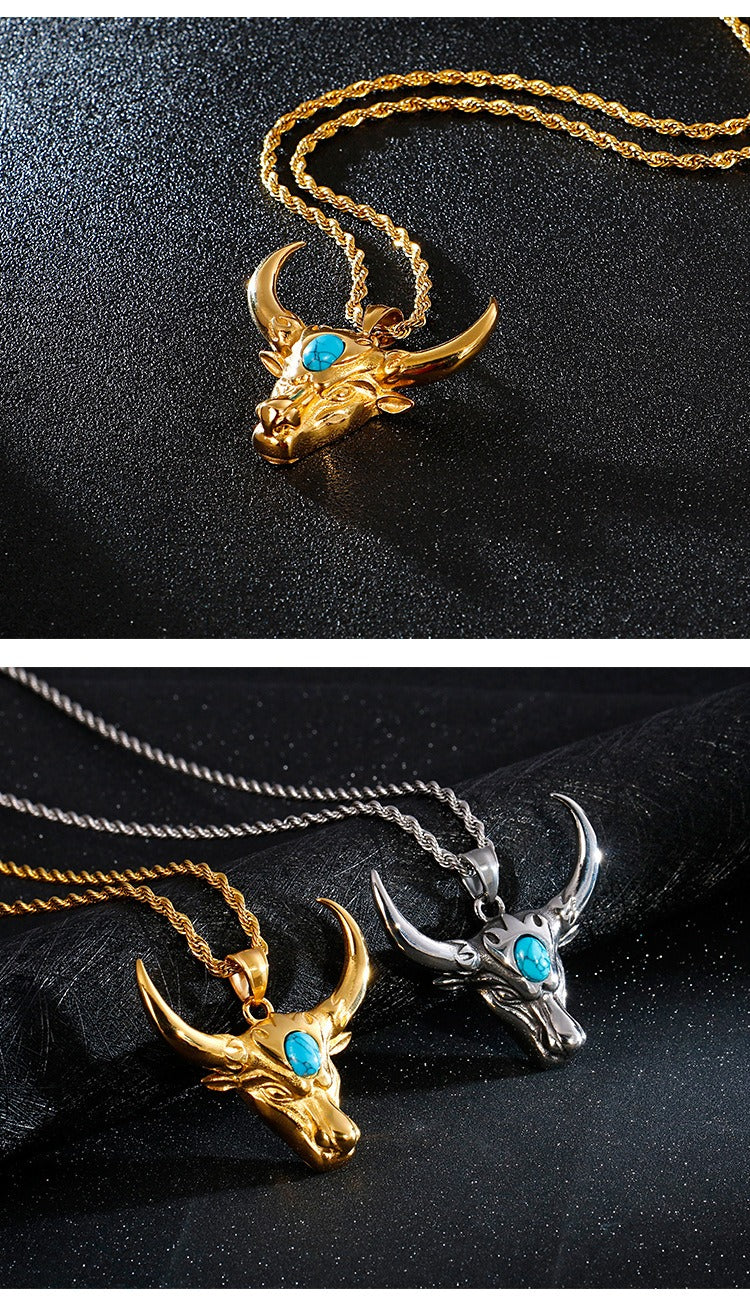 Kemstone Bull Horn Design Turquoise Titanium Punk Necklace - Stainless Steel Men's Accessories KP81530-K