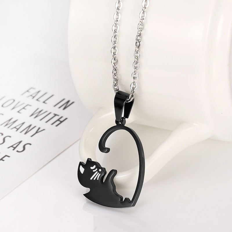 Kemston Titanium Steel Cat Couple Necklace Black White Heart 55cm TN0197