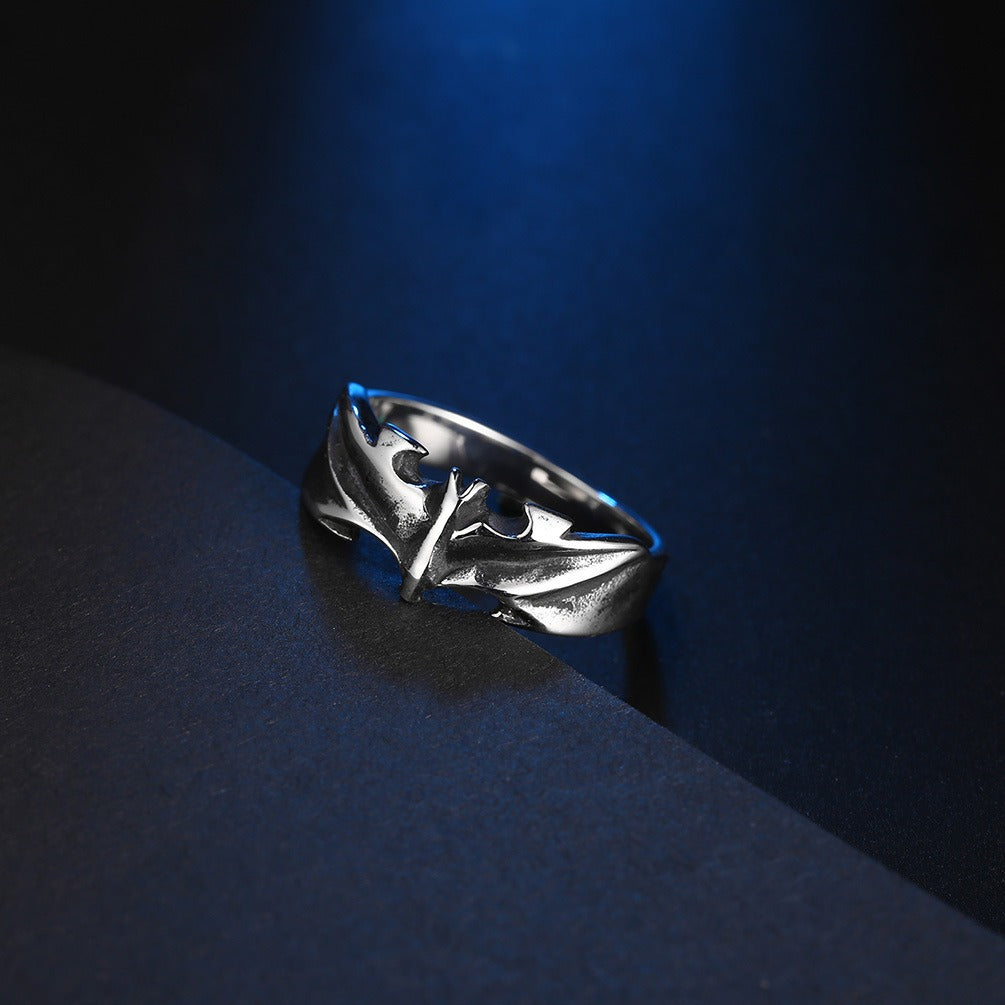 Kemstone Men’s Titanium Steel Gothic Bat Ring – Silver, Black K-R404