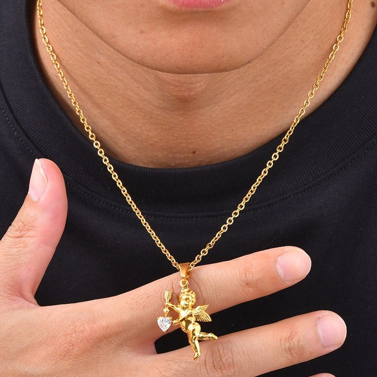 Kemstone Cupid Pendant Necklace for Men & Women Gold Plated Stainless Steel Heart Accent PN-2279