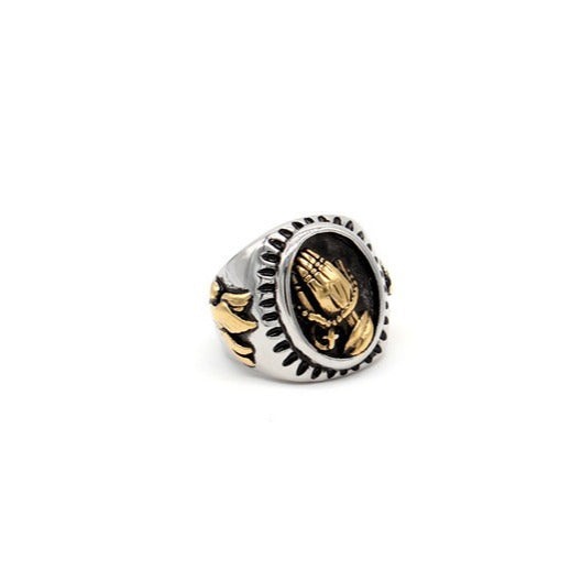 Kemstone Praying Hands Ring for Men Titanium Steel Dove Relief Vintage Oval R0297