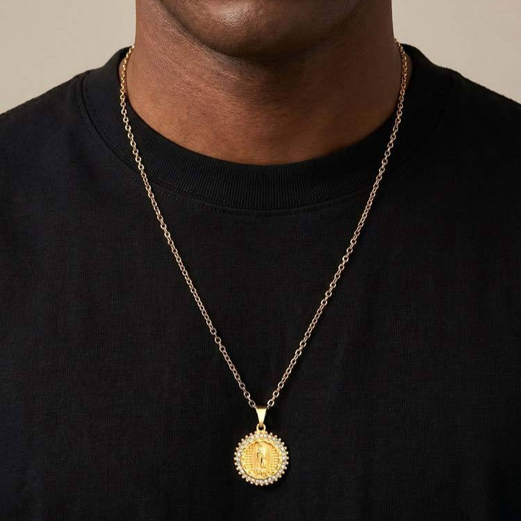 Kemston Vintage Round Medallion Coin Pendant Necklace for Men & Women Stainless Steel PN-2428