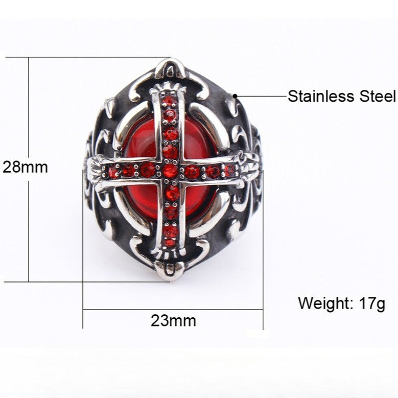 Kemstone Titanium Steel Red Cross Signet Ring for Men Vintage Gothic Stone TR0054