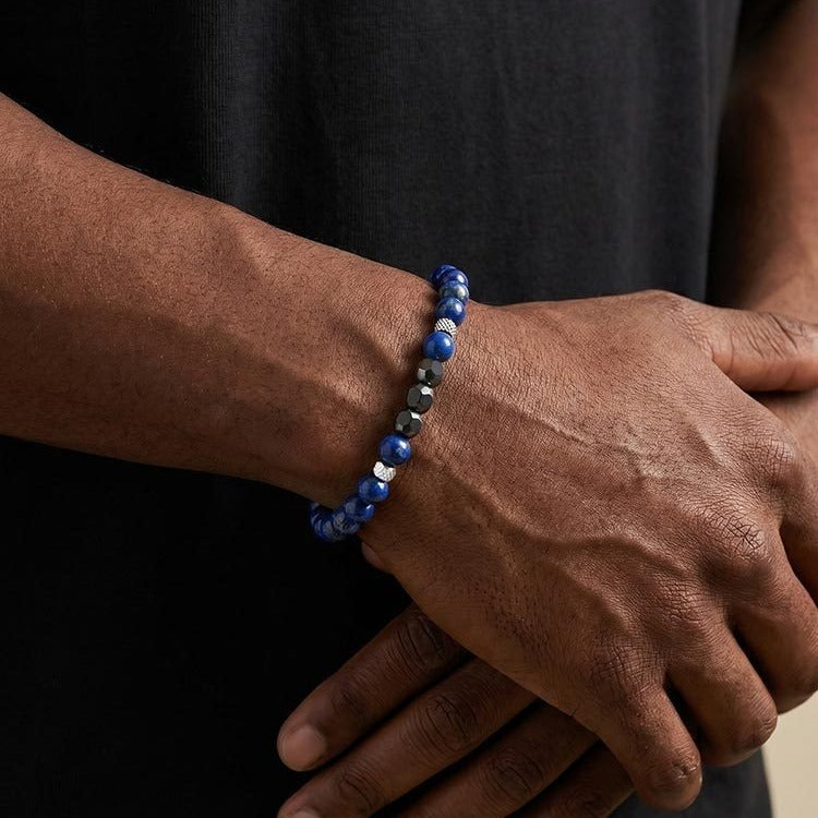 Kemston Lapis Lazuli Black Stone Beaded Bracelet for Men Stainless Steel Vintage Style BR-2917
