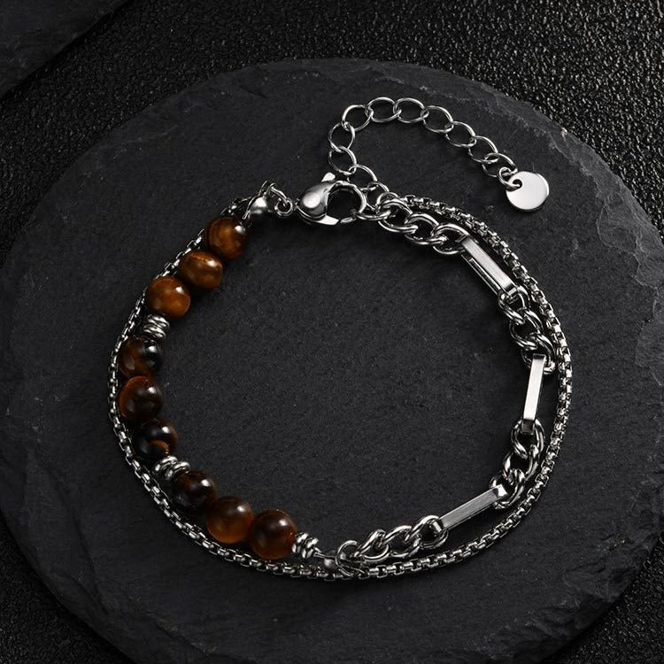 Kemstone Tiger Eye Beaded Bracelet for Men Stainless Steel Layered Chain BR-2922