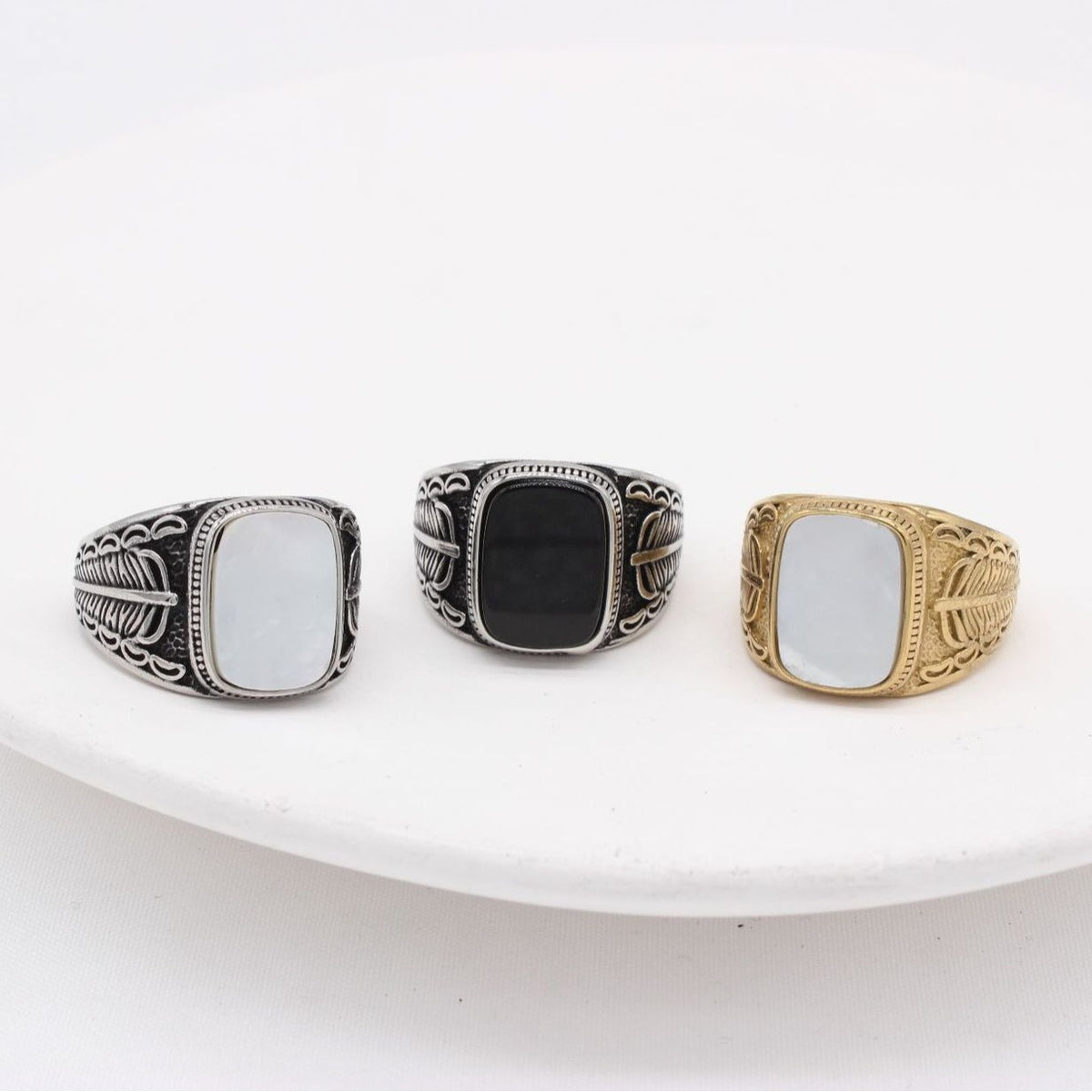 Kemstone Shell Signet Ring for Men Titanium Steel Feather Engraved R1207