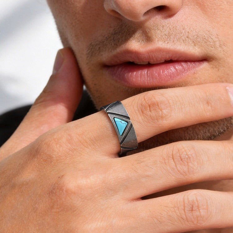 Kemstone Stainless Steel Triangle Turquoise Ring for Men Vintage Gray RC-111