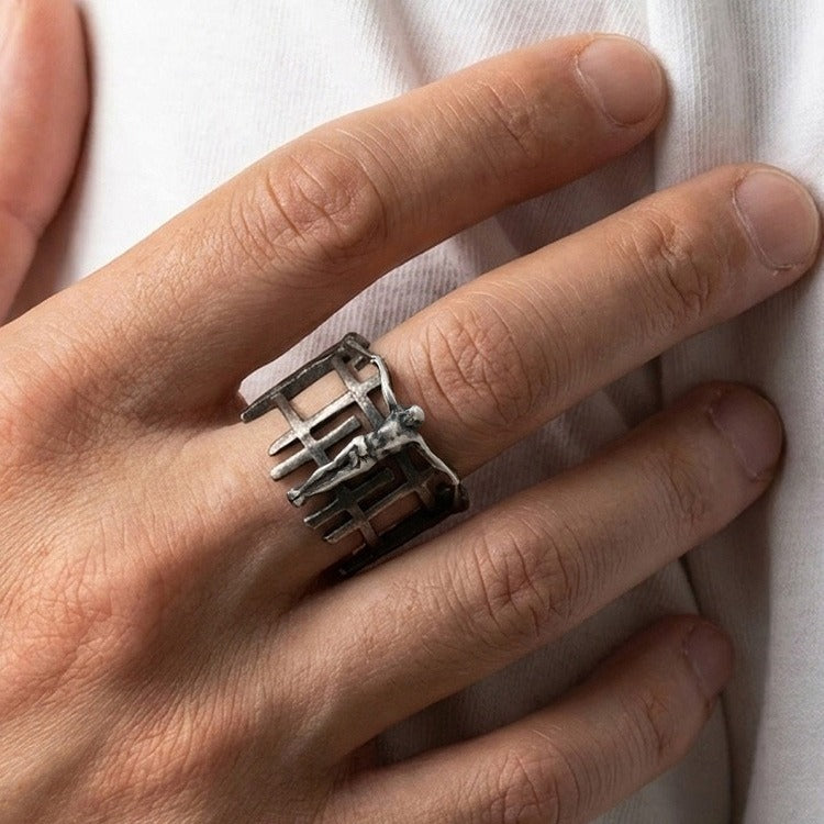 Kemstone Openwork Cross Ring for Men Stainless Steel Layered Metal RC-1116