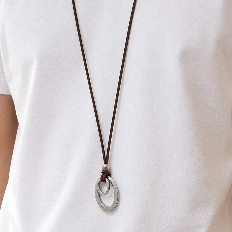 Kemstone Double Ring Pendant Necklace for Men Stainless Steel Brown Cord NC-3022