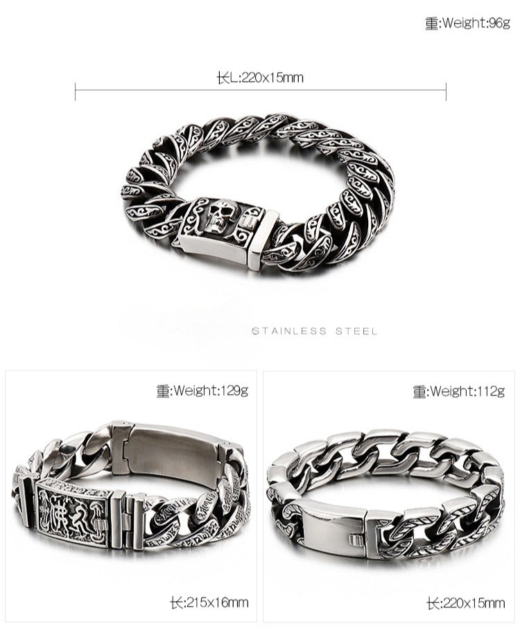 Kemstone Skull Clasp Stainless Steel Bracelet – Engraved Viking Chain Norse Men’s Jewelry KB120965