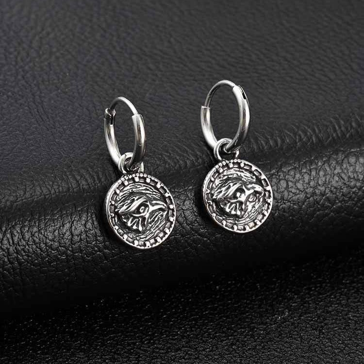 Kemstone Stainless Steel Tiger Coin Dangle Hoop Earring for Men Vintage ED-1085