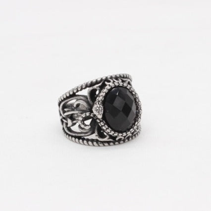 Kemstone Vintage Stone Inlay Signet Ring for Men Titanium Steel Hollow Filigree Design R1672