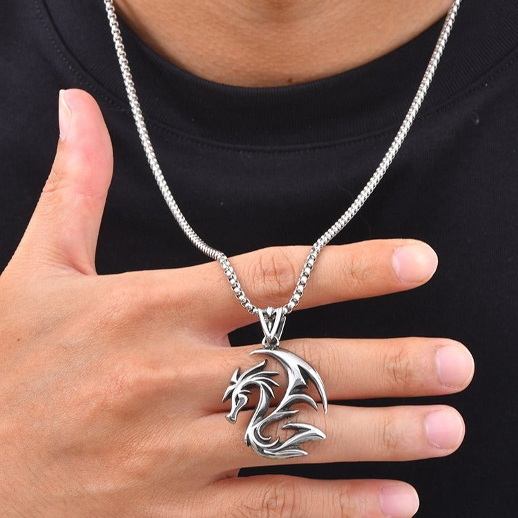 Kemston Winged Dragon Pendant Necklace for Men Stainless Steel Gothic Vintage Silver PN-2419