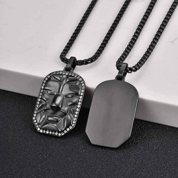 Kemston Face Pendant Necklace for Men Black Cubic Zirconia Leopard Stainless Steel Wild Identity PN-2350