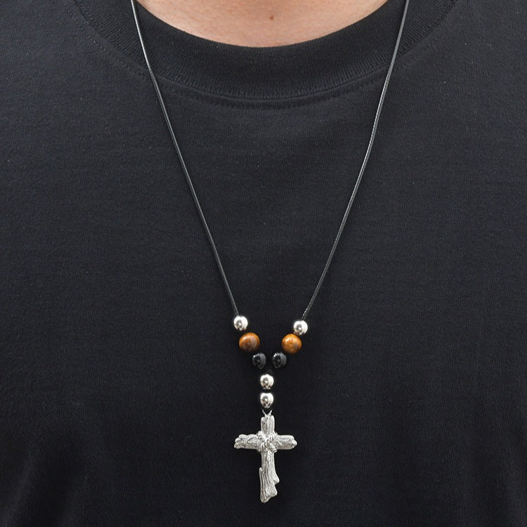 Kemston Beaded Cross Necklace for Men Black Onyx Tiger Eye Stainless Steel Adjustable Rope Pendant NC-2783