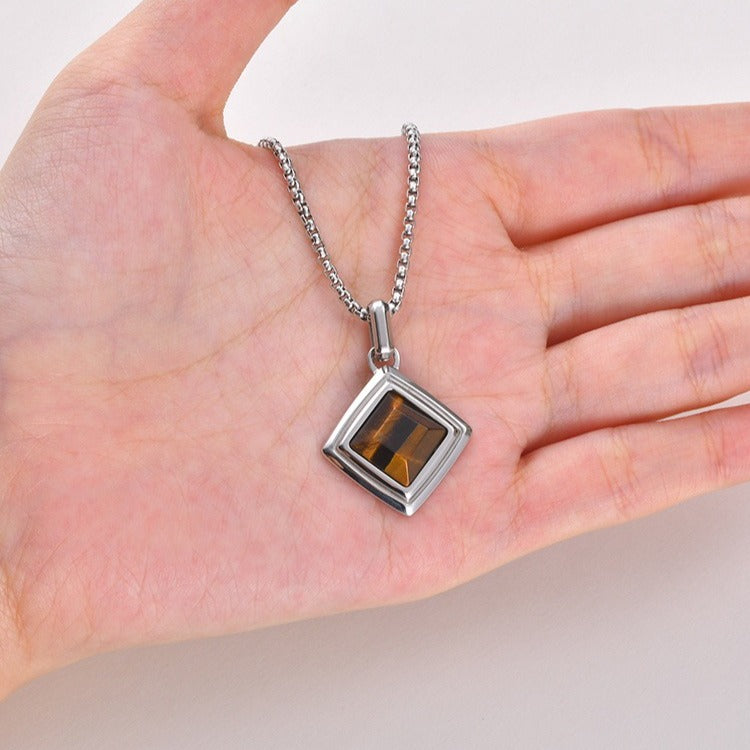 Kemston Tiger Eye Square Pendant Necklace for Men Stainless Steel Geometric Stone Design PN-2436