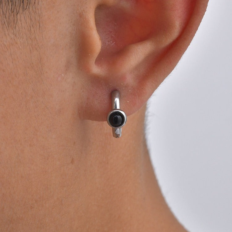 Kemston Black Agate Hoop Earring for Men Stainless Steel Minimalist EH-897