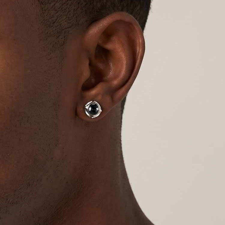 Kemston Stainless Steel Black Cubic Zirconia Stud Earrings for Men Geometric Detail ES-836