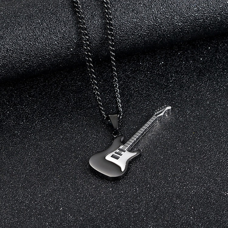 Kemstone Stainless Steel Electric Guitar Pendant Necklace for Men – 60cm Chain, Silver Gold Black K-PT147