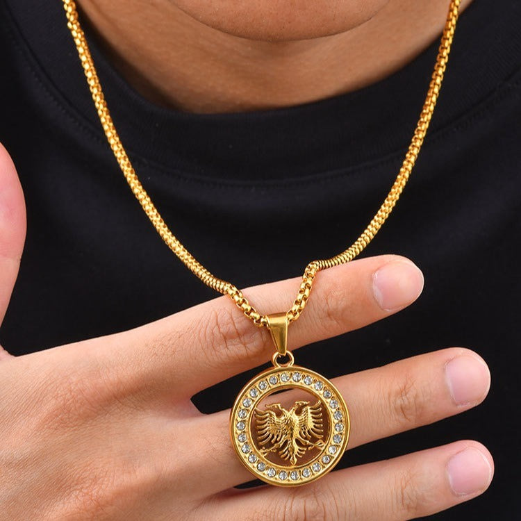 Kemstone Double Headed Eagle Pendant Necklace for Men Stainless Steel Round Medallion PN-2427