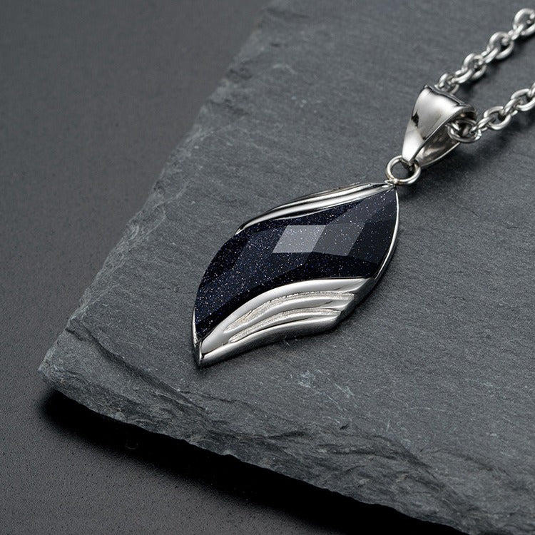 Kemstone Stainless Steel Blue Sandstone Angel Eye Leaf Pendant Necklace for Men PT149