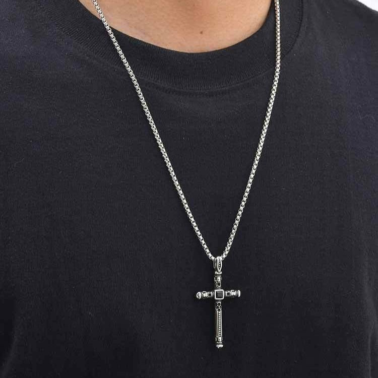 Kemston Cross Necklace for Men Black Cubic Zirconia Vintage Engraved Stainless Steel Pendant PN-2411