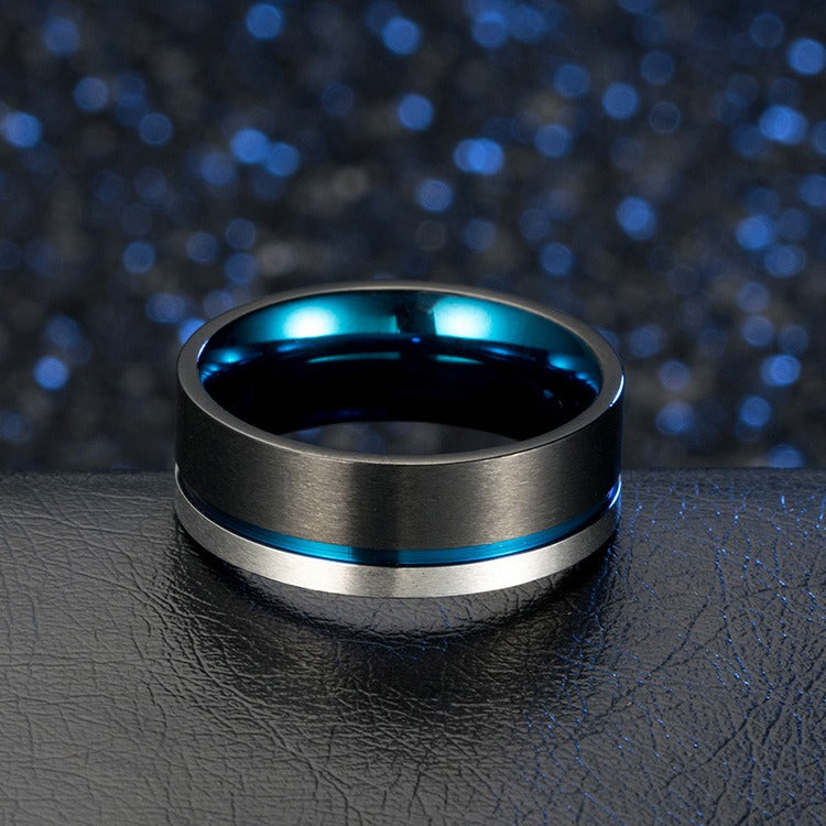 Kemstone Titanium Steel Black Ring with Blue Inner Band for Men K-R237