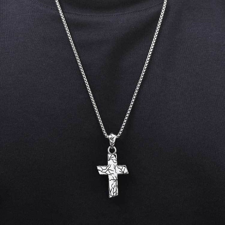 Kemston Cracked Texture Cross Pendant Necklace for Men Stainless Steel Vintage Silver Design PN-2420