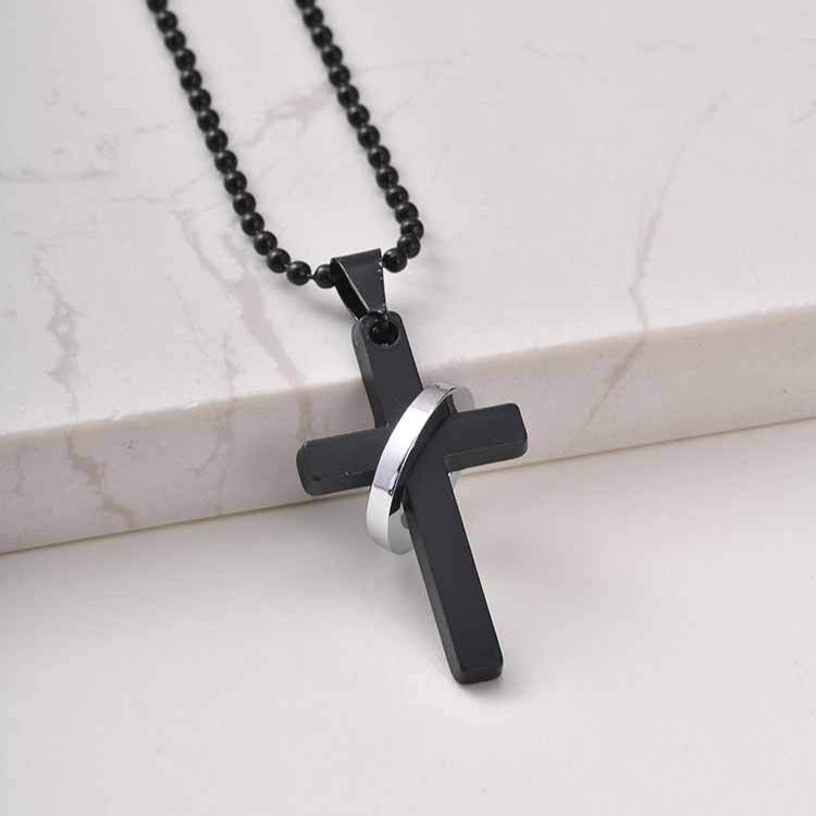 Kemstone Stainless Steel Cross Ring Pendant Necklace for Men Silver Black NC-3002
