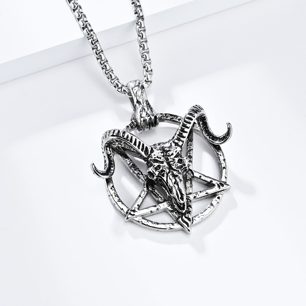 Kemstone Stainless Steel Goat Skull Pentagram Pendant Necklace – Gothic Vintage Design K-PT514