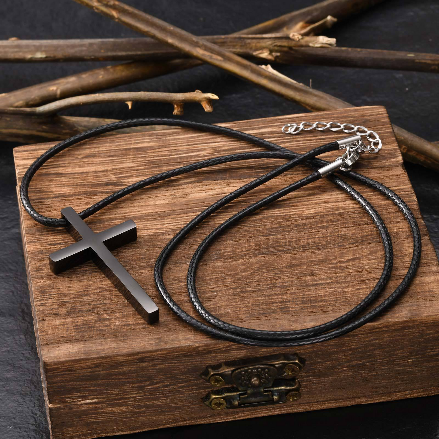 Kemstone Stainless Steel Cross Pendant Necklace with Wax Cord for Men – Black & Silver NC-1977