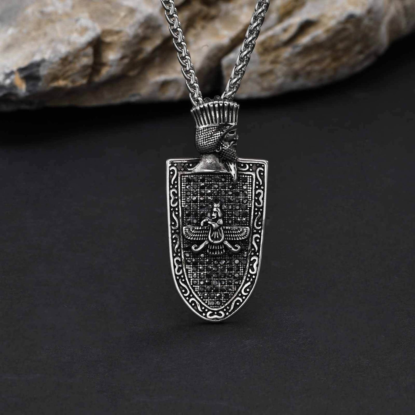 Kemstone Stainless Steel Shield Pendant Necklace for Men – Gun Black, Vintage Armor PN-2261