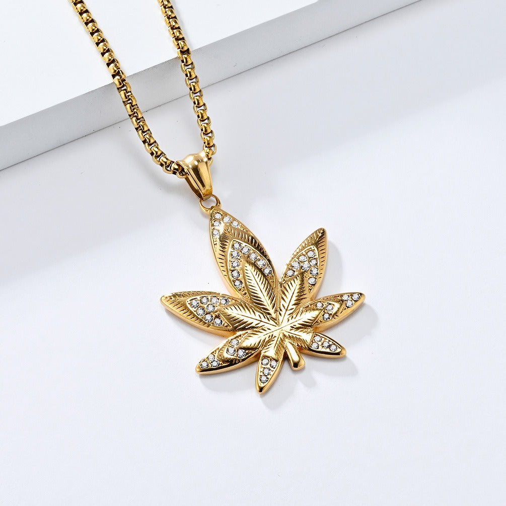 Kemstone Leaf Pendant Necklace Stainless Steel Cubic Zirconia for Men K-PT603