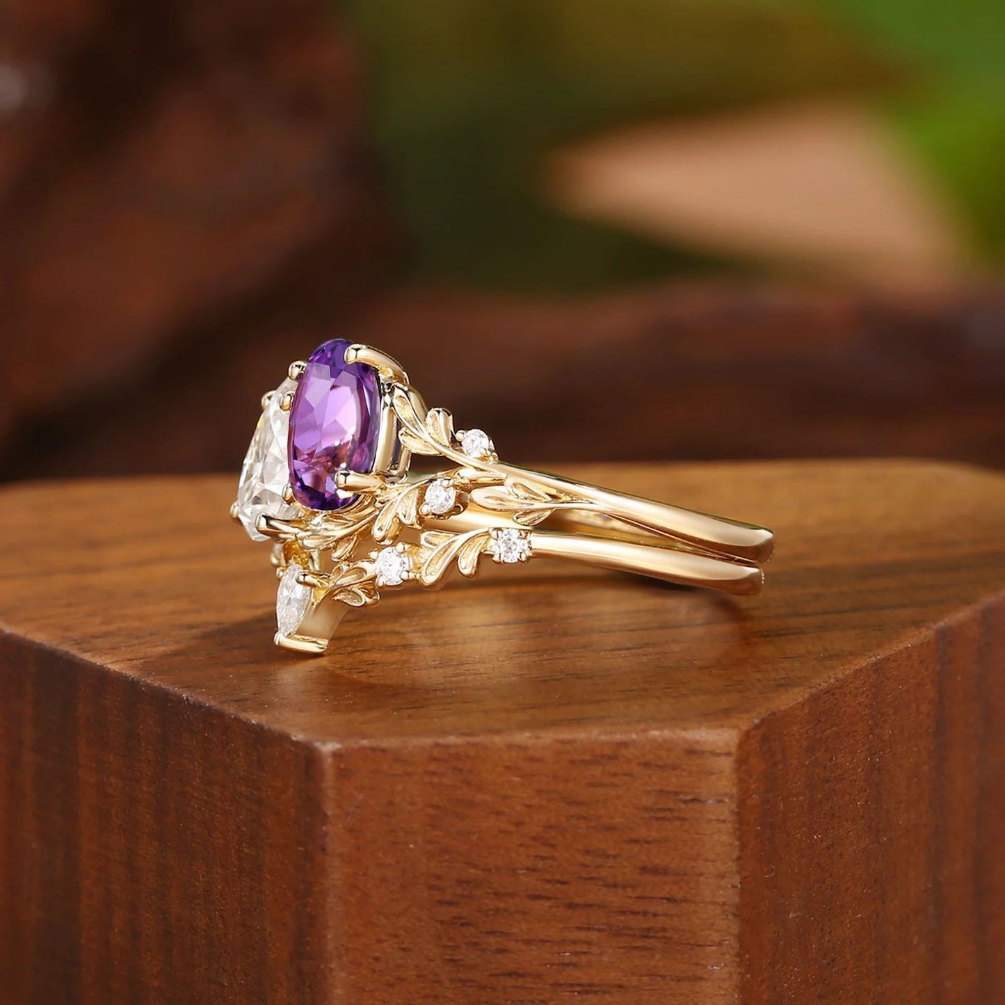 Kemstone Moonstone & Mandarin Garnet Ring Set for Women – Vintage Floral Stackable Ring in S925 Sterling Silver 18K Gold Plated T7-YC0323RS