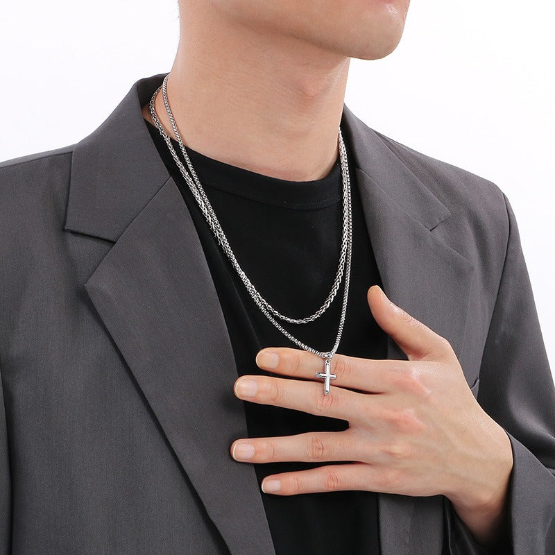 Kemstone Titanium Steel Cross Pendant Necklace for Men, Layered Box Chain Double Chain Gold Silver Black KN283141-KFC