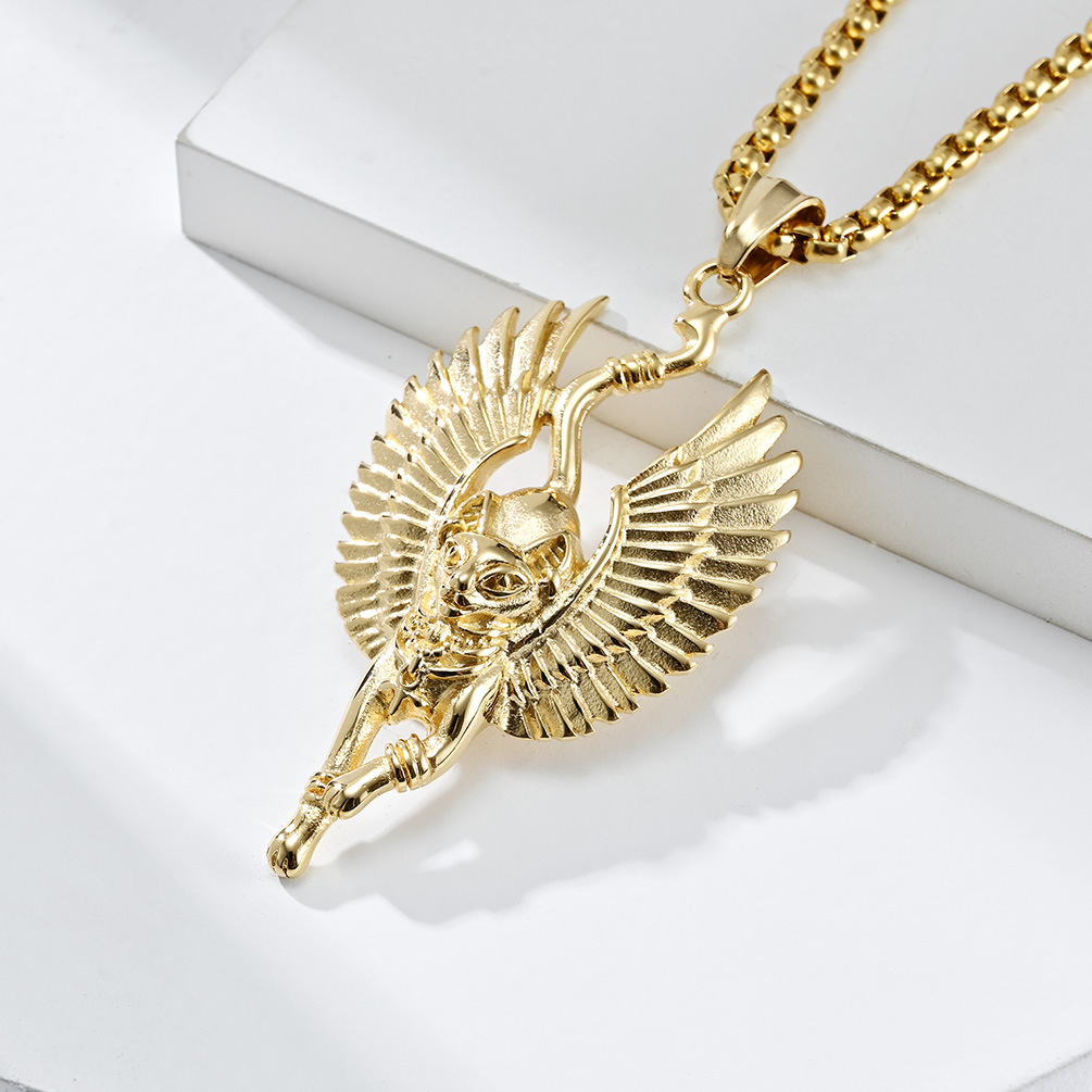 Kemstone Egyptian Cat Pendant Necklace for Men Stainless Steel Animal Sculpted Detail K-PT461